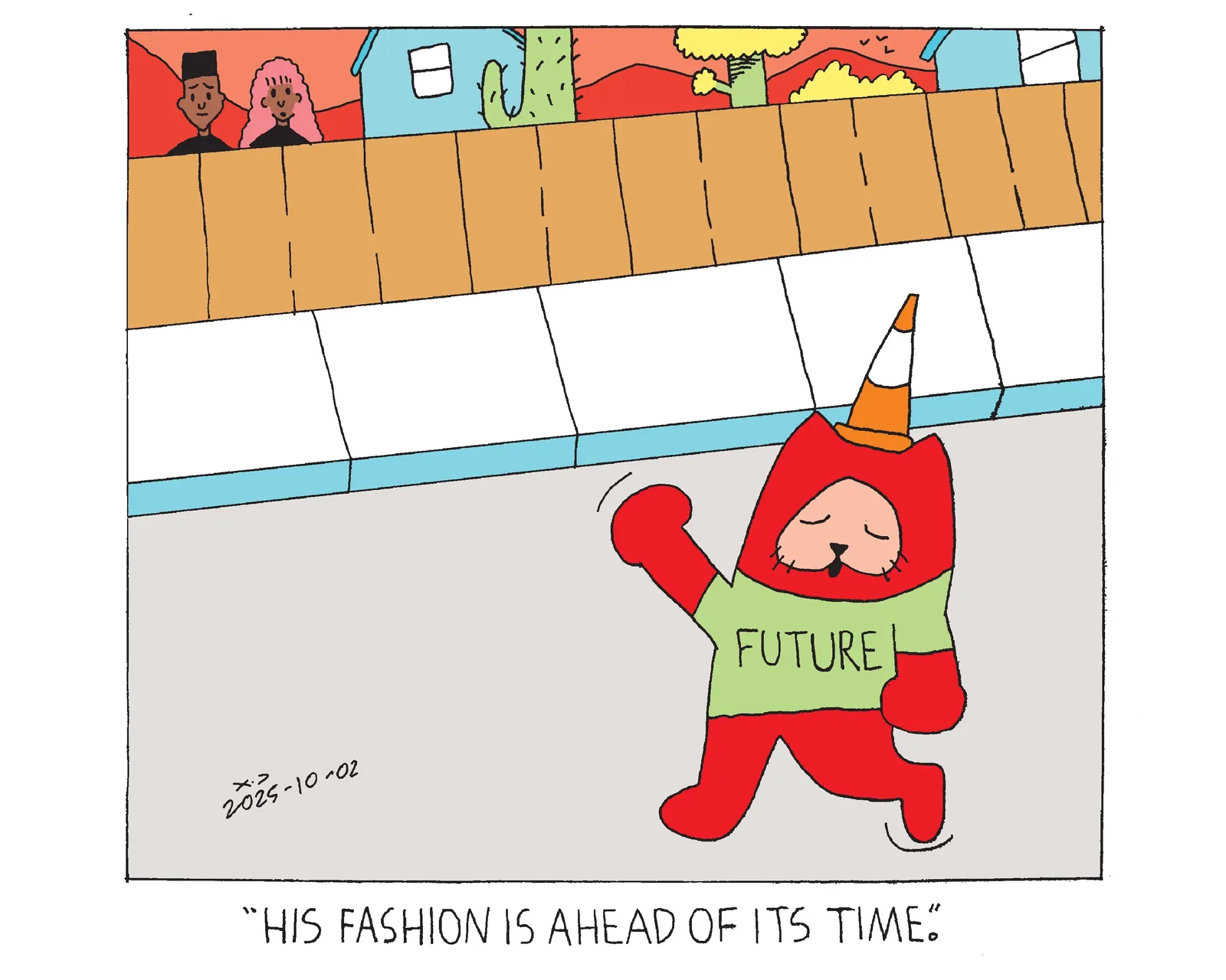 Power cat walking down the street with a traffic cone on his head and a green shirt that says future. A man and a woman are standing behind a fence looking at him and the woman says his fashion is ahead of its time. 
