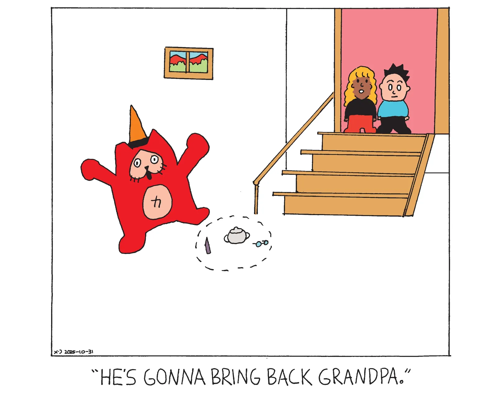 Power Cat in the basement with his arms raised with a traffic cone on his head standing in front of a salt circle with a pair of glasses, a crystal, and an urn in it. Two children stand at the top of the steps looking at him and the girl says he's gonna bring back grandpa.  
