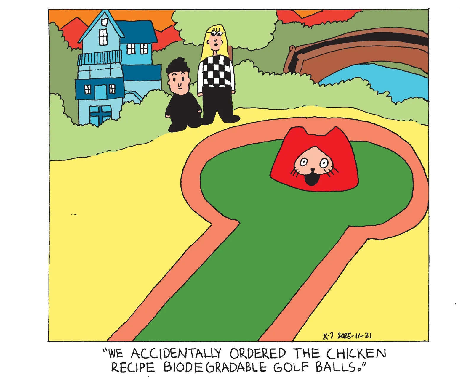 Power Cat sticking his head out of a mini-golf hole while a worker and a kid stand nearby looking at him. They're in front of a miniature multi level house and a bridge over a creek that's surrounded by bushes and trees. The worker says We accidentally ordered the chicken recipe biodegradable golf balls.