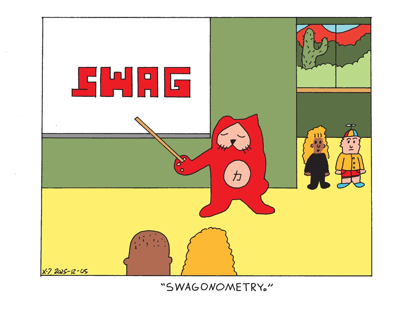 Power Cat giving a lecture to his owner and her husband while pointing at the word swag written huge on a whiteboard. The owner's daughter and her friend stand in the hallway and the daughter says swagonometry.