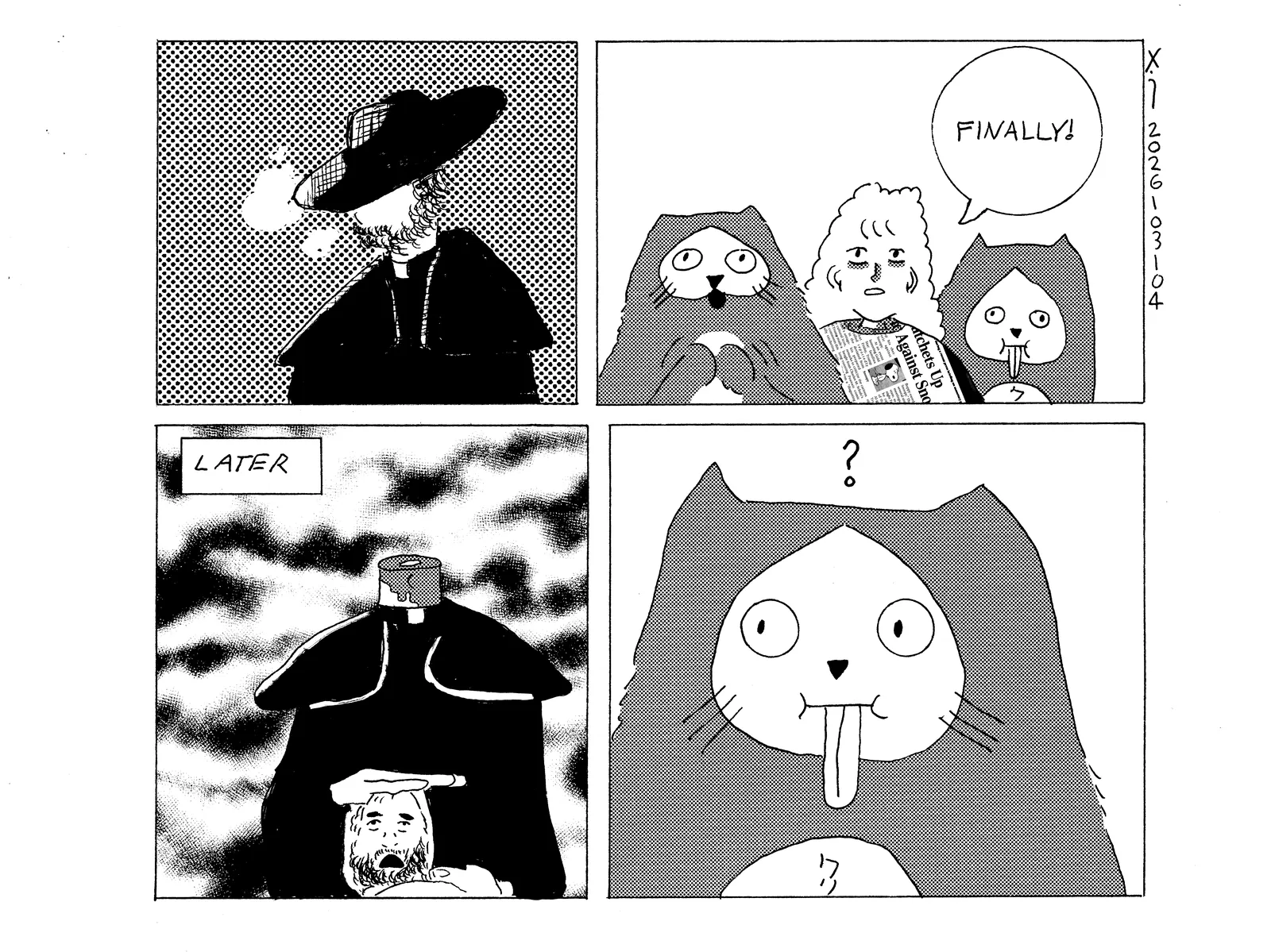 A priest wearing a cowboy hat shows up. Power Cat and Rachel look excited and Damn Cat looks stupid. Rachel says Finally! Later the priest reemerges, but he has been decapitated and is holding his own severed head. Damn Cat doesn't understand what happened, but he looks confused, so surely he has registered that something is wrong with the priest. 