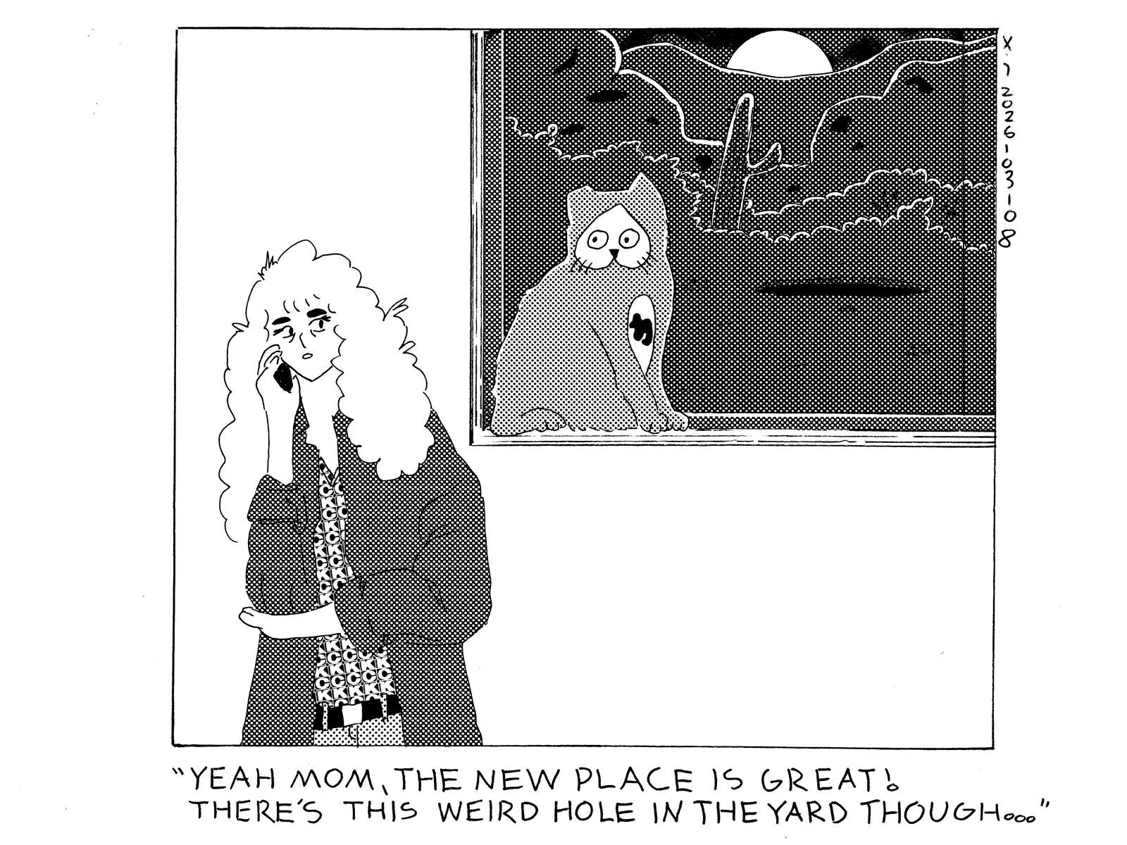 Rebecca is on the phone with her mom and power cat is sitting in the window sill behind her. Rebecca is saying yeah mom the new house is great. There's a weird hole in the yard though. Outside the window it's night time and in the desert yard there's a large hole. 