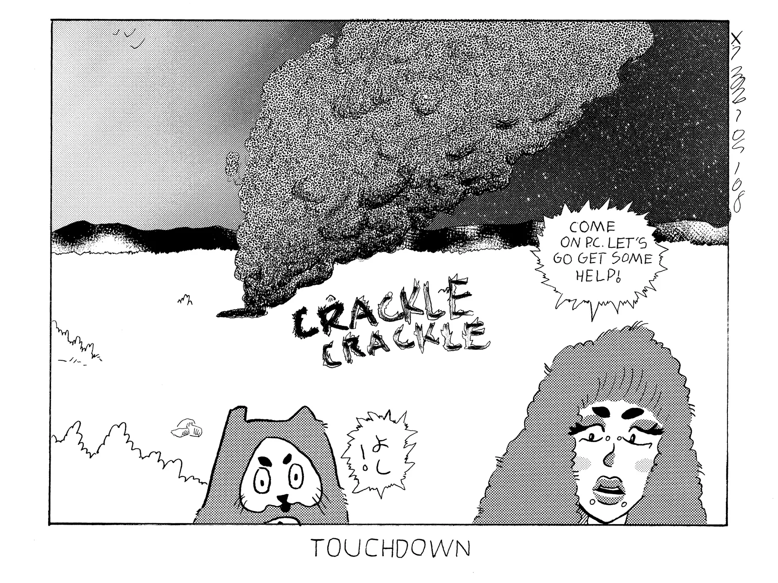 There's smoke billowing from a crater in the desert at night. Power Cat and Rosie are in the foreground quite a bit a ways away from the crater and Rosie shouts come on P.C. let's go get some help! Power Cat replies alright! in Japanese. Caption says touchdown.