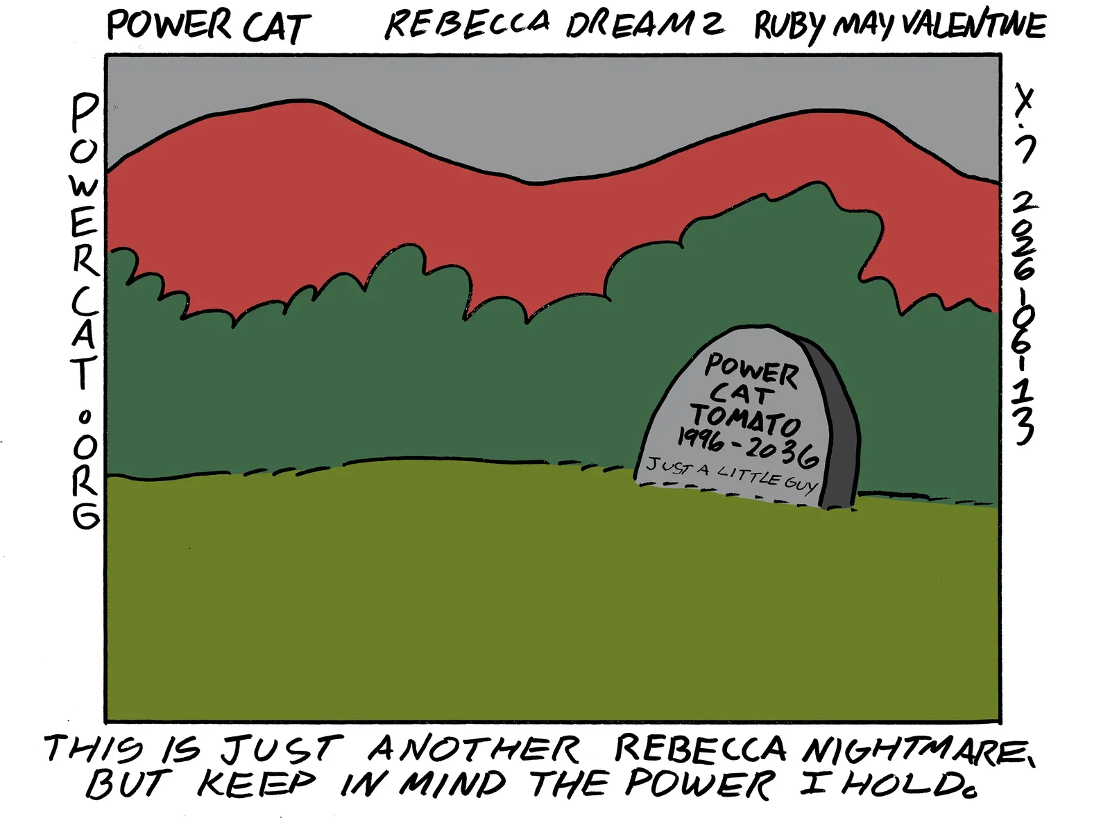 There's a gravestone on a dark cloudy day that says Power Cat Tomato 1996 to 2036 and says Just a little guy. Caption says This is just another Rebecca nightmare, but keep in mind the power I hold.  