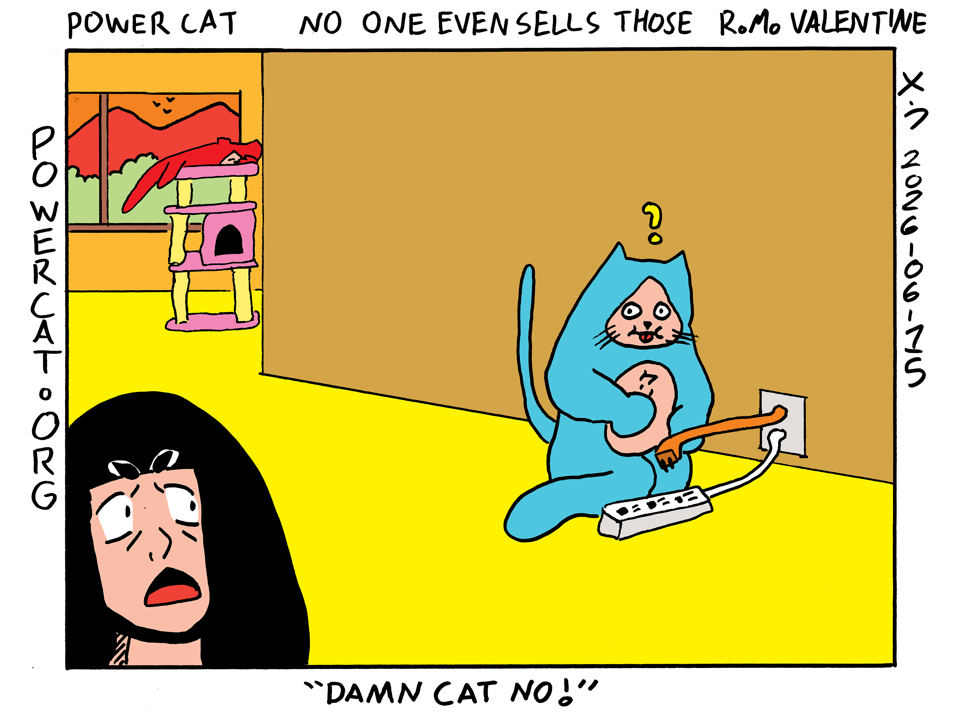 Rebecca is shocked and yells Damn Cat No! Damn Cat appears to have acquired a male to male power cable and is about to plug it into a surge protector that is also plugged in to the same wall. Damn Cat stops and looks at Rebecca in confusion. Power Cat is sleeping in the background on a cat tree in front of the window. Strip title says no one even sells those. 