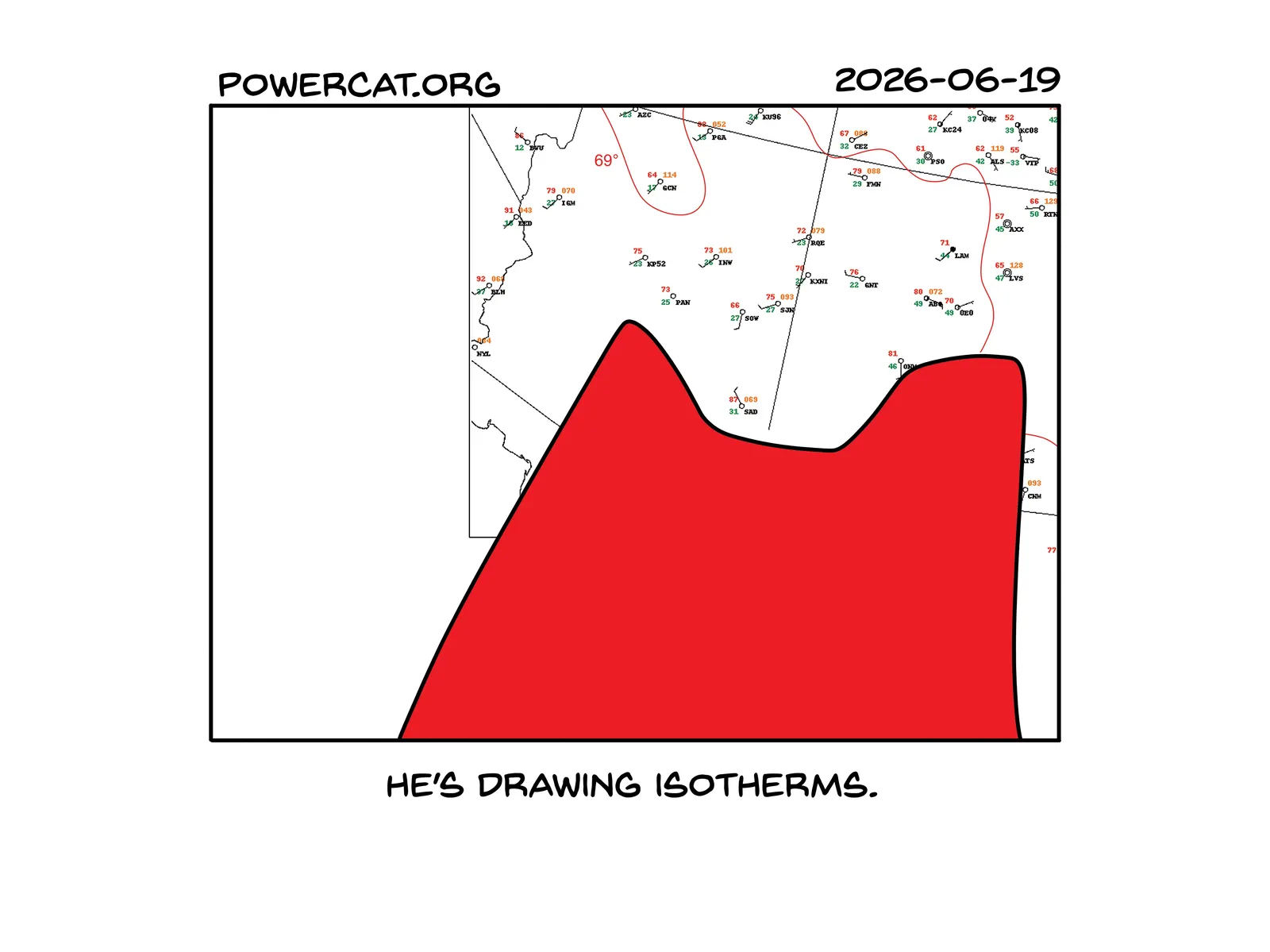 Power Cat is sitting in front of a surface analysis map. The caption says he's drawing isotherms. The only contour on the map is for 69 degrees, which there are no present values for. Also the map is of the southwest mostly arizona. 