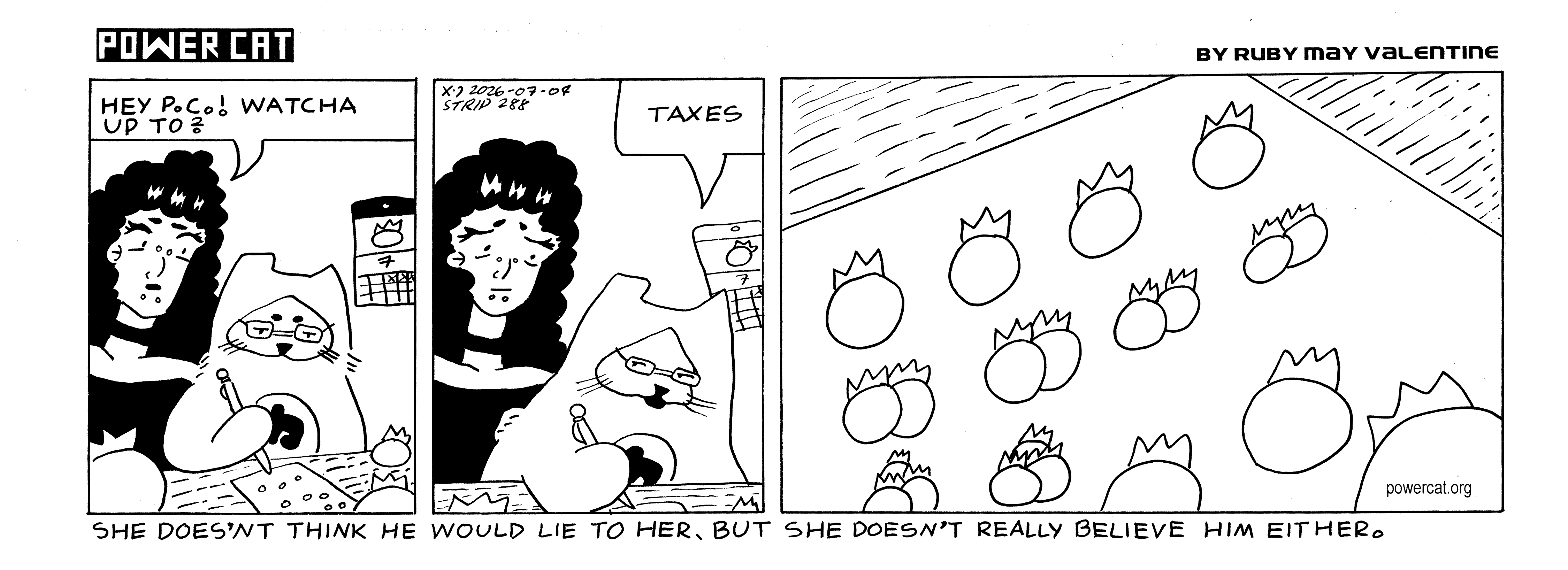 Rosie walks up to PC who is at a desk with a bunch of tomatoes on it and he's drawing something on a piece of paper. Rosie says hey PC! Watcha up to? Power Cat says taxes. A close up shot shows that's he drawing various quantities of tomatoes on the page.  Caption says she doesn't think he would lie to her, but she doesn't really believe him either.    