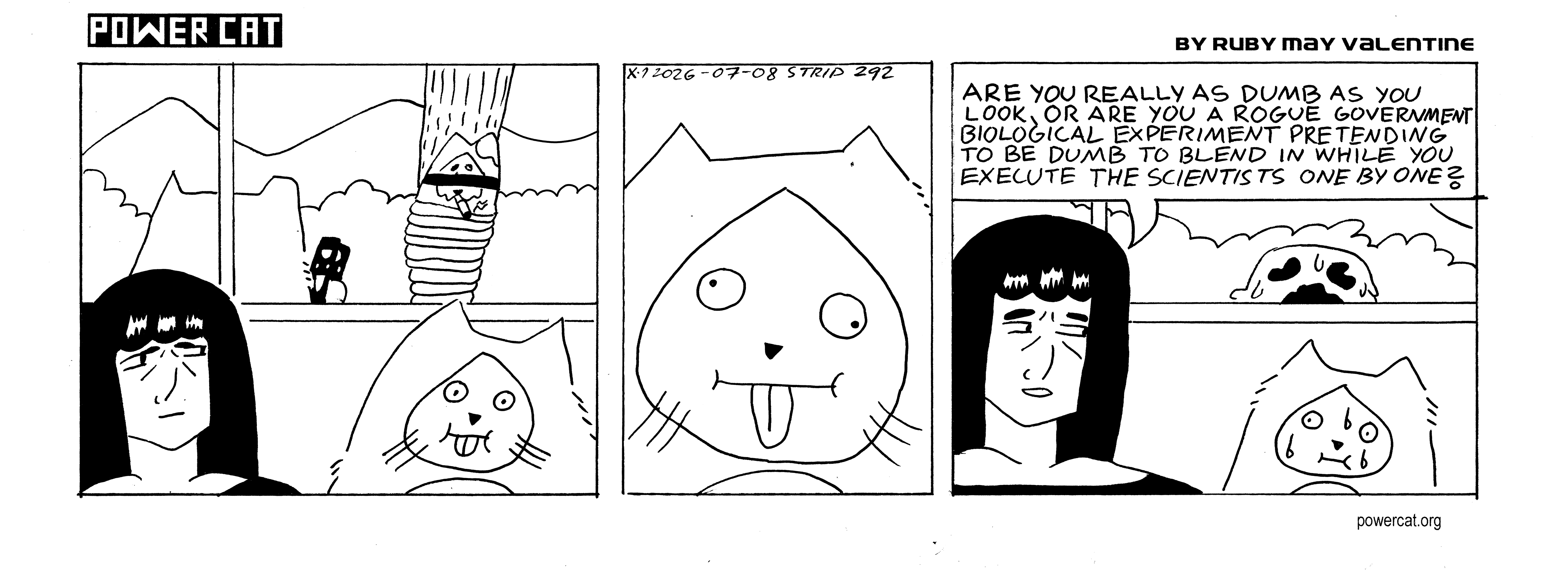 Rebecca is looking suspiciously at damn cat, who looks dumb. Also Power Cat is outside holding a staple gun towards Handsome Cat who is blindfolded and tied to a post. The camera does a close up on Damn Cat's dumb face. Rebecca looks even more suspicious and says are you really as dumb as you look, or are you a rogue government biological experiment pretending to be dumb to blend in while you execute the scientists one by one? Damn Cat is sweating and looks nervous. The Gooper is outside for some reason.  