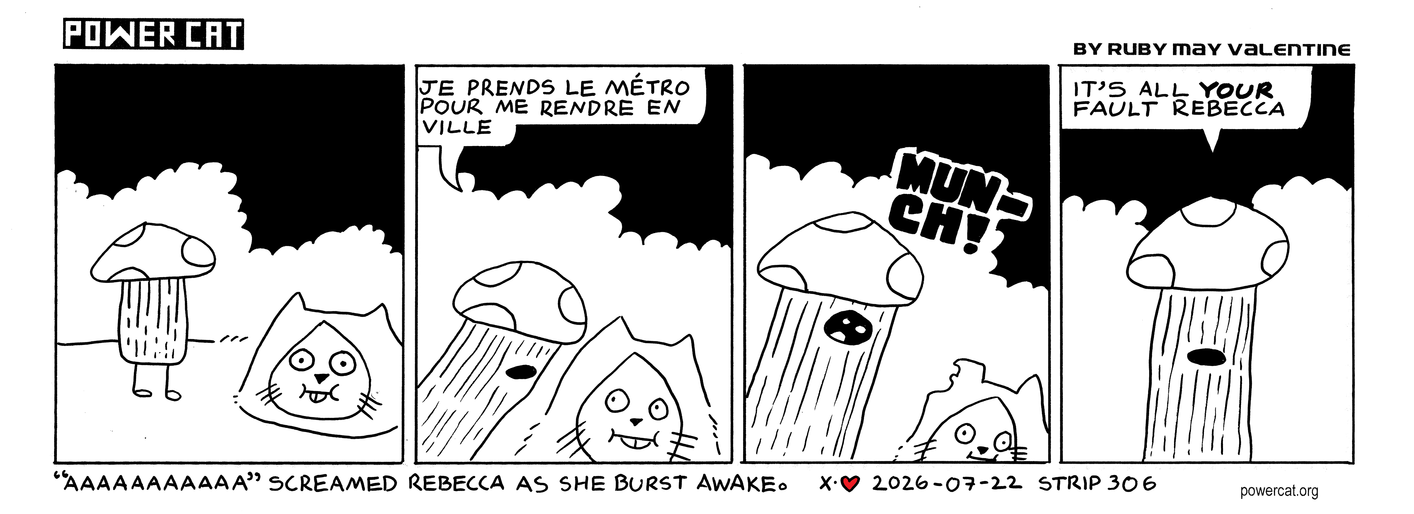 A mushroom with legs is walking over to Damn Cat whose head is sticking out of the ground. The mushroom whispers something to Damn Cat and then bites a chunk out of Damn Cat. The mushroom faces towards the camera and says it's all your fault rebecca. Caption says aaaaaaaaa screamed rebecca as she burst awake.  