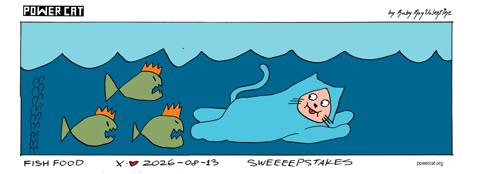 Damn Cat is smiling while swimming away from some angry piranhas caption  says fish food bottom text says sweepstakes 