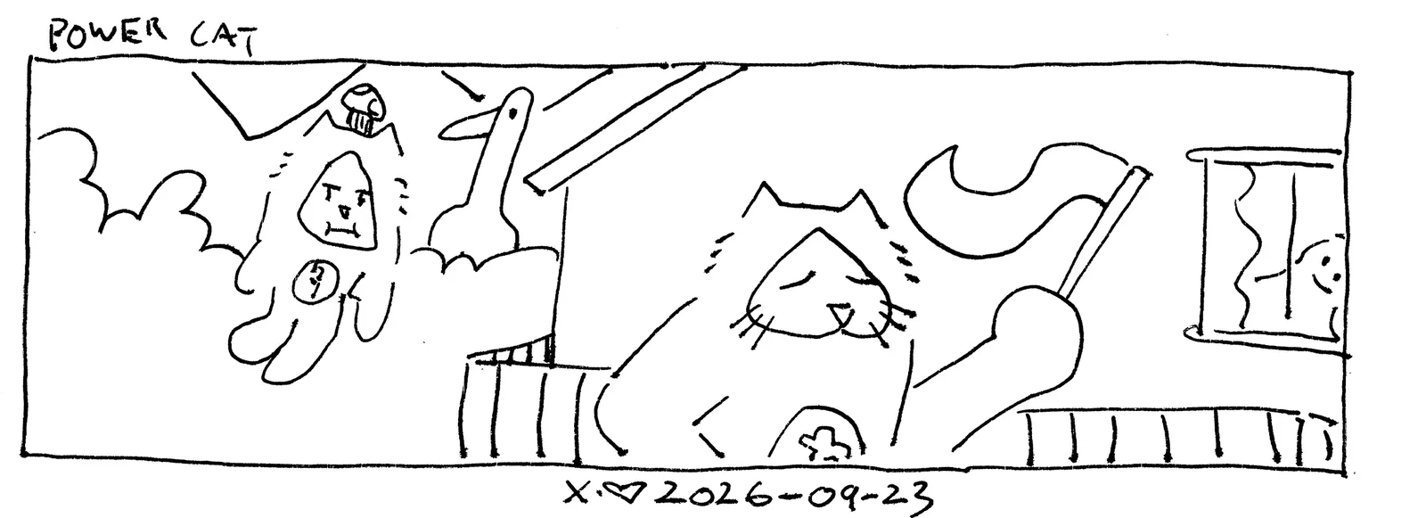 damn cat is floating near power cat who is holding a flag 