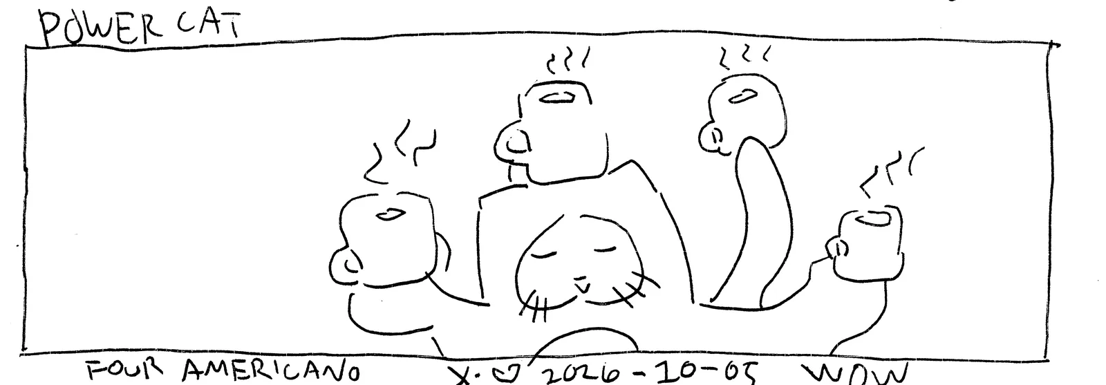 power cat is holding four americano. the fourth americano is on his head. the third is on his tail, and the other two are in his hands of course 
