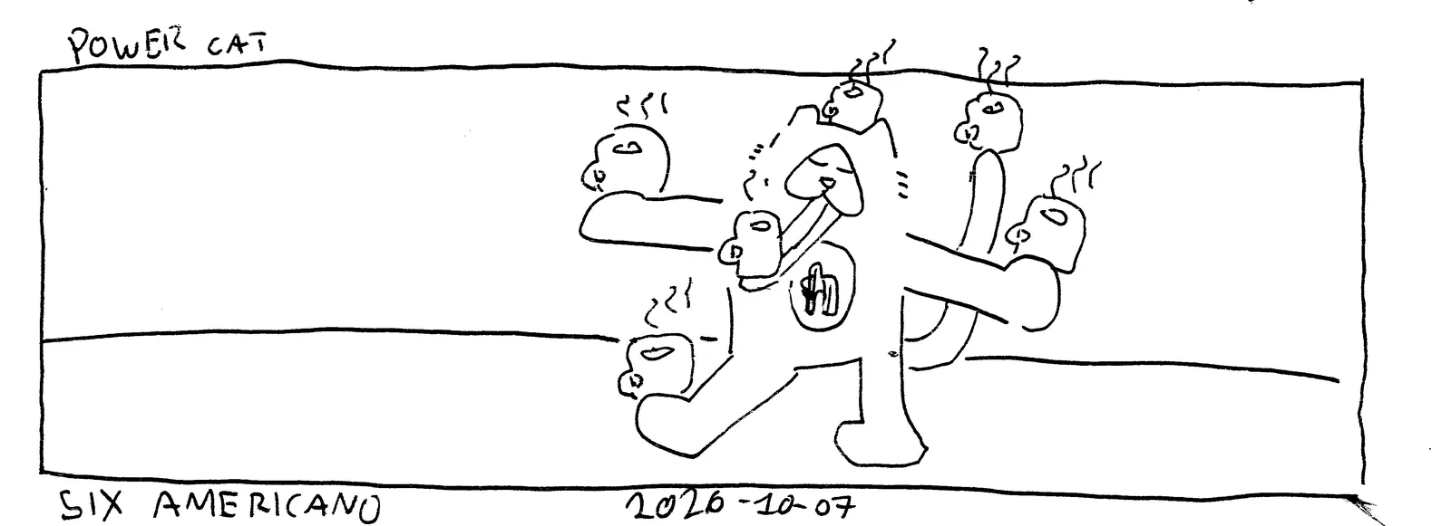 power cat has six americano, one on his head, two in his hands, one on his tail, one on his foot, and one on his tongue 