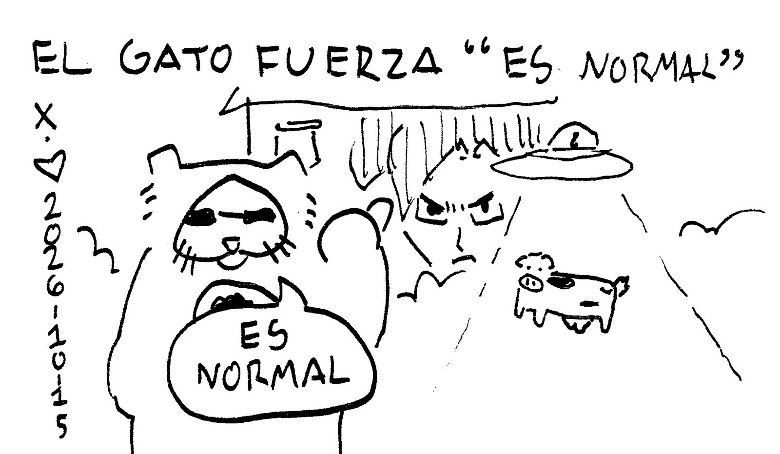 Power Cat's title is in spanish today and says el gato fuerza. El Gato Fuerza is pointing back behind him with his thumb at a UFO abducting a cow in front of a building that has goku painted on the side. El Gato Fuerza says es normal. caption says es normal. 